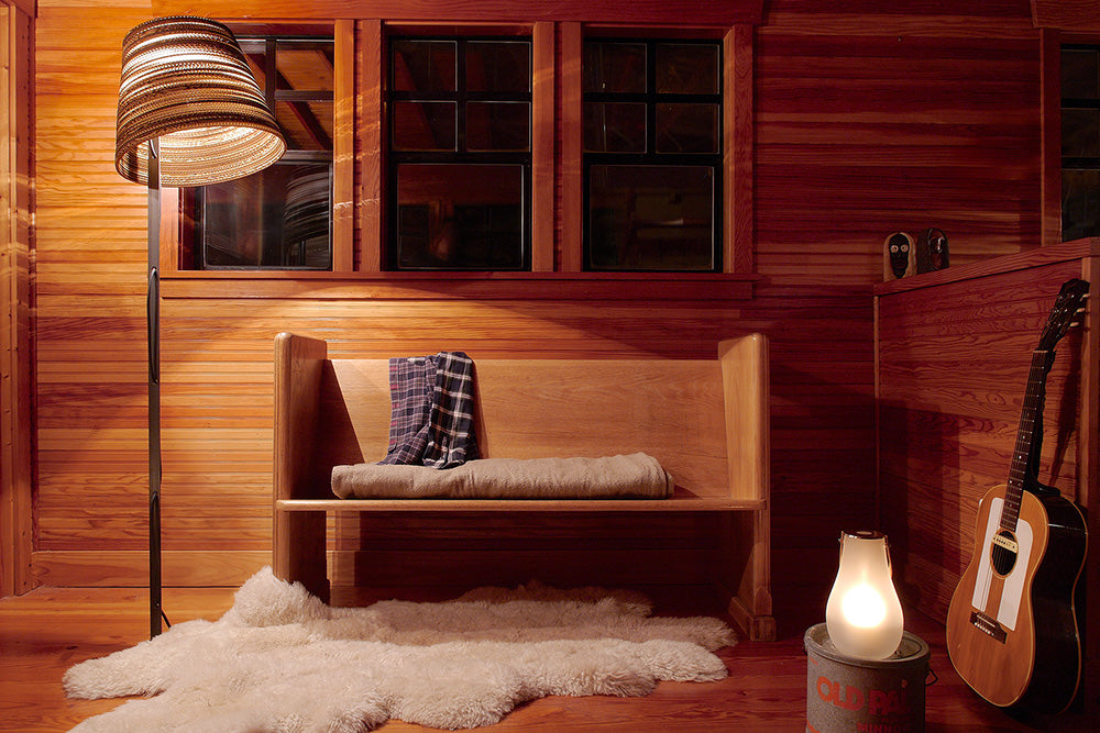 Design Stehleuchte, Lampenschirm aus recycelten Kartons, Stehlampe, Farbe beige/braun, Höhe 171 cm