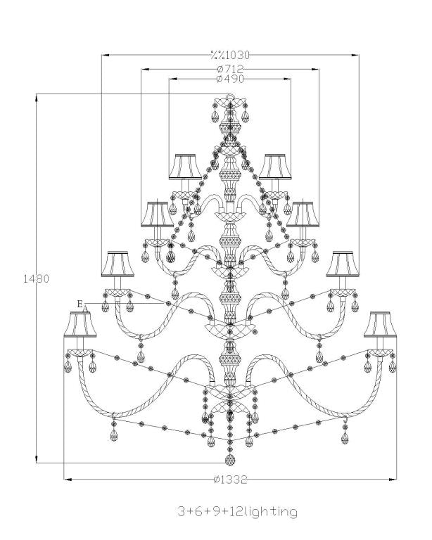 Kronleuchter 30-armig, Kronleuchter mit Lampenschirmen Silber, Durchmesser 130 cm
