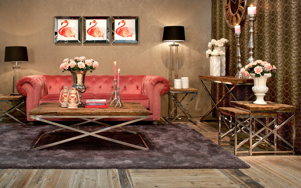 Couchtisch Altholz-Metall verchromt, Couchtisch braun-Silber