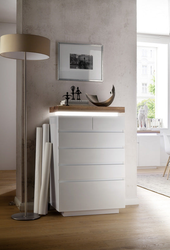 Kommode Weiß matt lackiert mit eine massive Oberplatte, Breite 73 cm