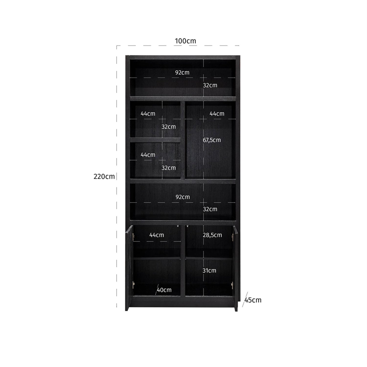 Bücherschrank Eiche, Schrank Eichenholz/ Schwarz, Breite 220 cm