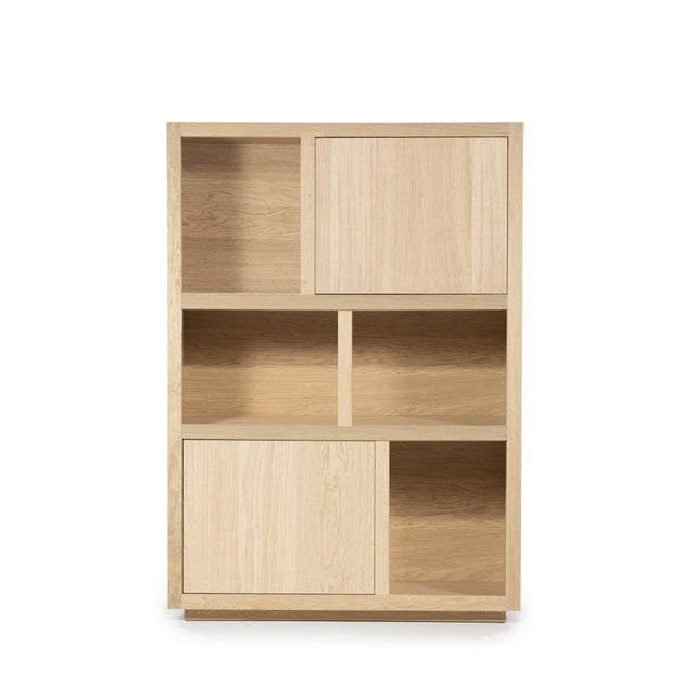 Higboard modern Farbe Naturholz, Schrank Naturholz mit zwei Türen, Bücherregal Naturholz mit Türen, Breite 70 cm