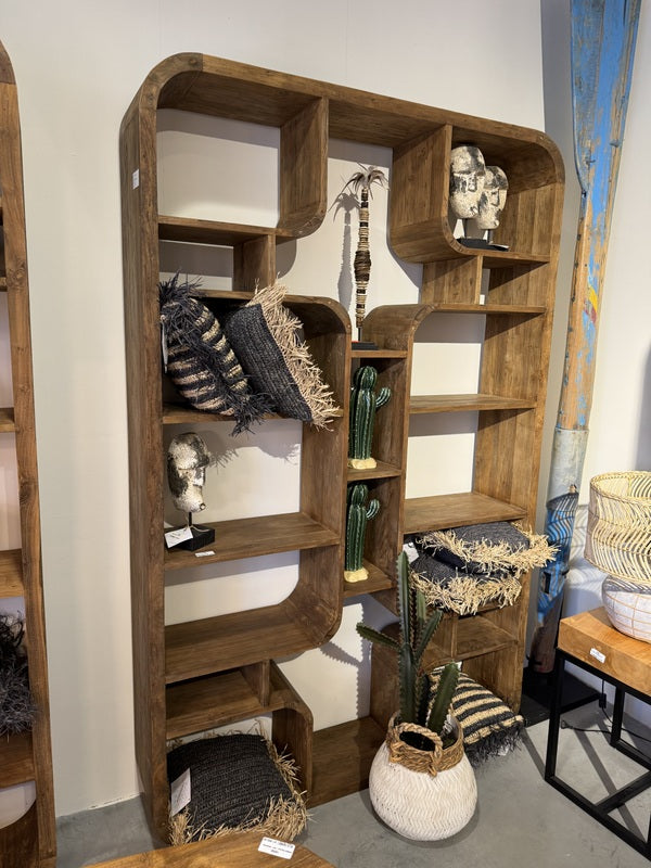 Bücherregal braun Holz, Regal abgerundete Ecken Teak-Holz, Breite 140 cm