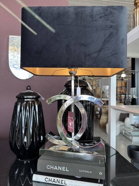 Tischlampe Silber, Tischleuchte Silber-schwarz, Tischlampe mit Lampenschirm schwarz, Höhe 65 cm