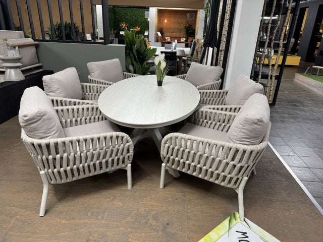 7 teiliges Set, Gartentisch beige-weiß mit 6 Gartensessel beige-taupe