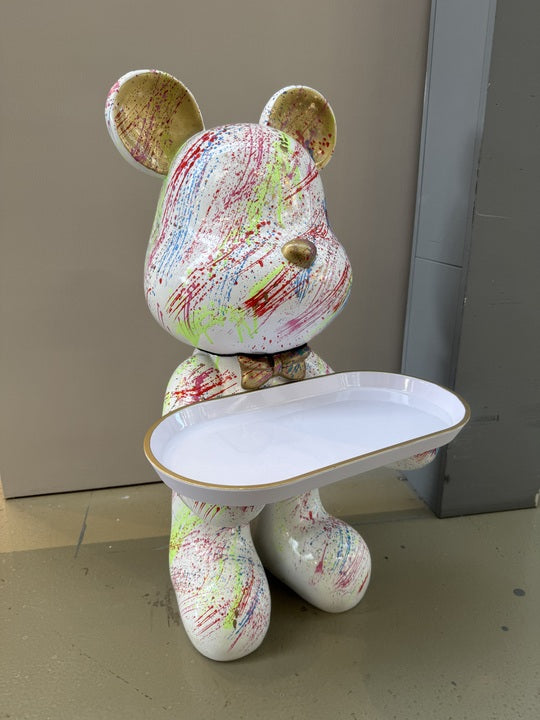 Deko Bär weiß-bunt, modern Diener-Bär-Figur, Höhe ca. 48 cm