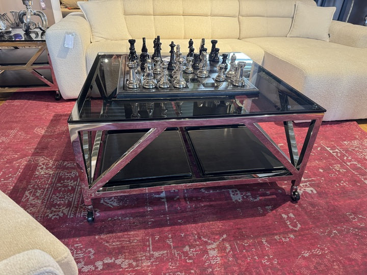 Couchtisch auf Rädern Silber, Glas-Metall Couchtisch Silber, Maße 100x100 cm