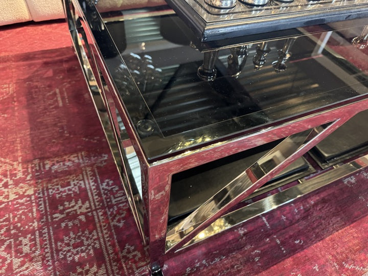 Couchtisch auf Rädern Silber, Glas-Metall Couchtisch Silber, Maße 100x100 cm