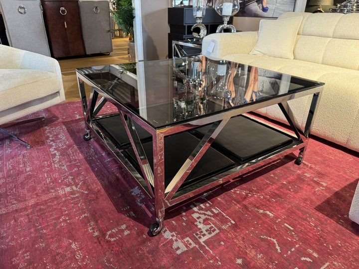 Couchtisch auf Rädern Silber, Glas-Metall Couchtisch Silber, Maße 100x100 cm