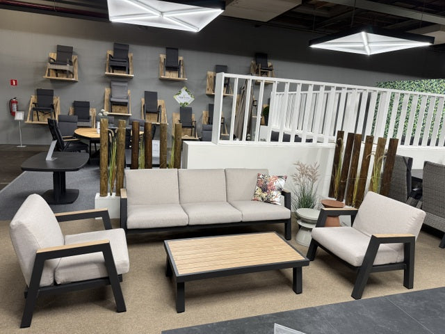 Set 4 teiliges Loungesofa anthrazit-Holzoptik, 2xGartensessel anthrazit outdoor Couchtisch, Garten-Couchtisch anthrazit, Lounge anthrazit Aluminium-Gestell