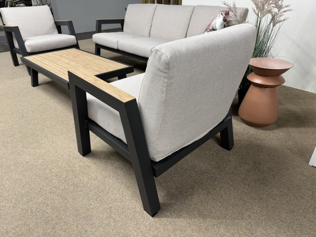 Set 4 teiliges Loungesofa anthrazit-Holzoptik, 2xGartensessel anthrazit outdoor Couchtisch, Garten-Couchtisch anthrazit, Lounge anthrazit Aluminium-Gestell