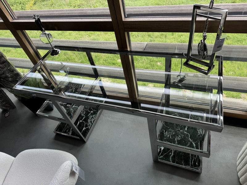Schreibtisch Silber, Glas-Tisch Marmor grün, Länge 150 cm