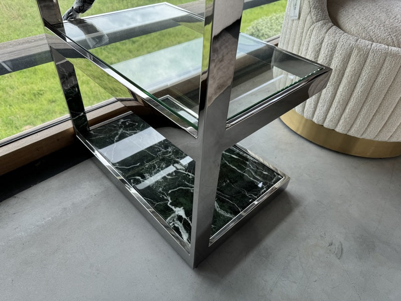 Schreibtisch Silber, Glas-Tisch Marmor grün, Länge 150 cm