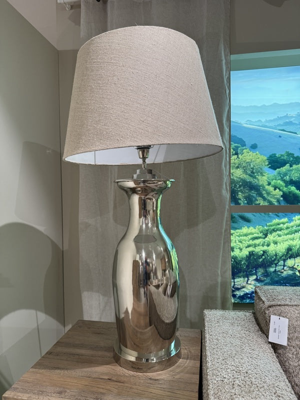 Tischlampe Silber Landhaus, Tischleuchte Silber mit Lampenschirm, Höhe 120 cm