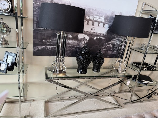 Konsole verchromt Glas-Metall, Sideboard mit Glasplatte,  Wandtisch verchromt Glas, Maße 150x40 cm