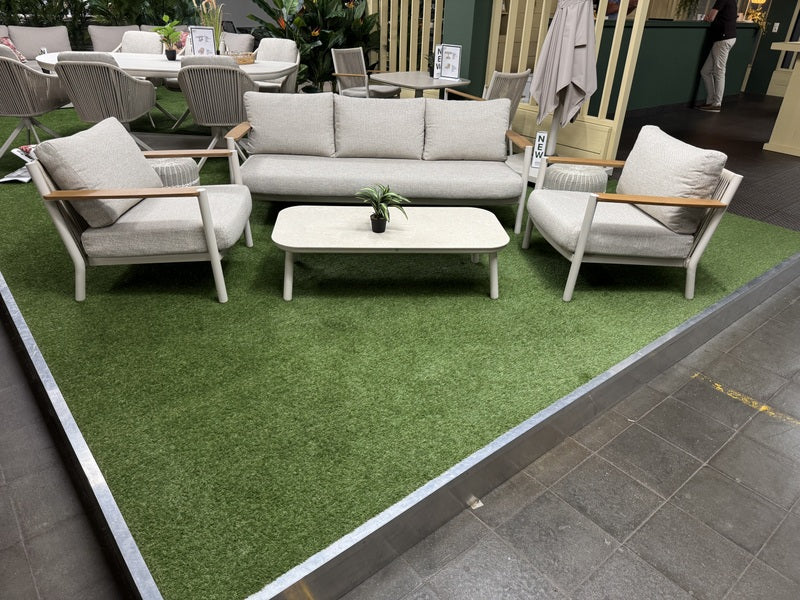 Garten-Loungeset weiß-beige, 4er Set Gartentisch beige mit Gartensofa beige, Gartensessel beige