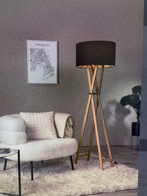 Stehlampe Naturholz, Stehleuchte schwarz mit Lampenschirm schwarz, Höhe 157 cm