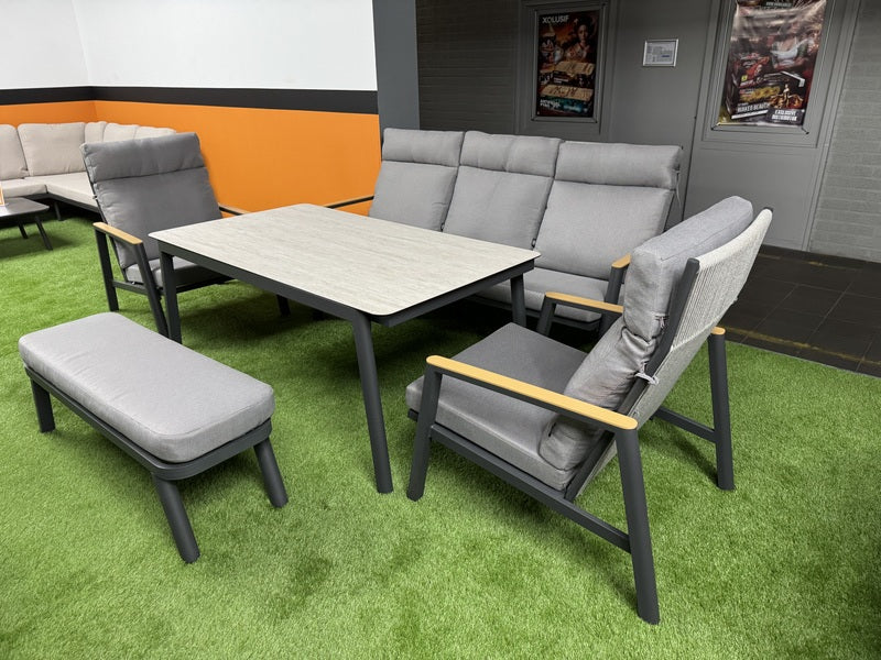 Garten-Loungeset, 5er Set Gartentisch grau-anthrazit mit Gartensofa, Gartensessel und Sitzbank