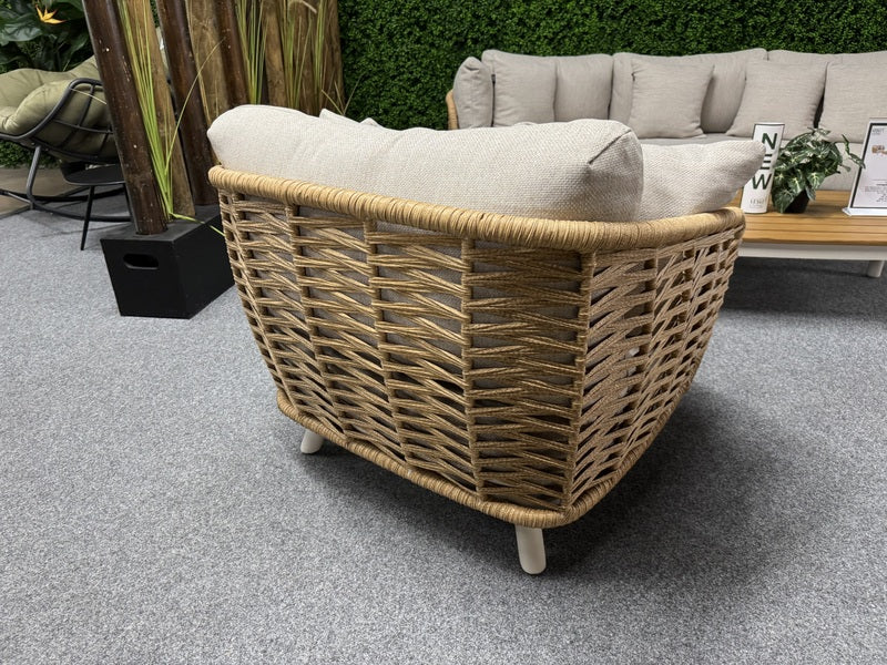 Garten-Loungeset beige-braun, 4er Set Gartentisch Teakholz mit Gartensofa beige, Gartensessel beige