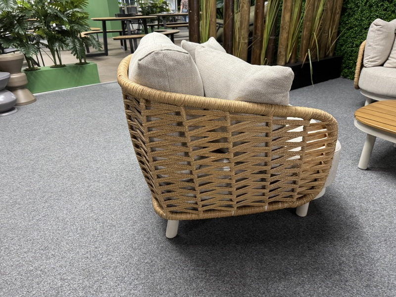 Garten-Loungeset beige-braun, 4er Set Gartentisch Teakholz mit Gartensofa beige, Gartensessel beige
