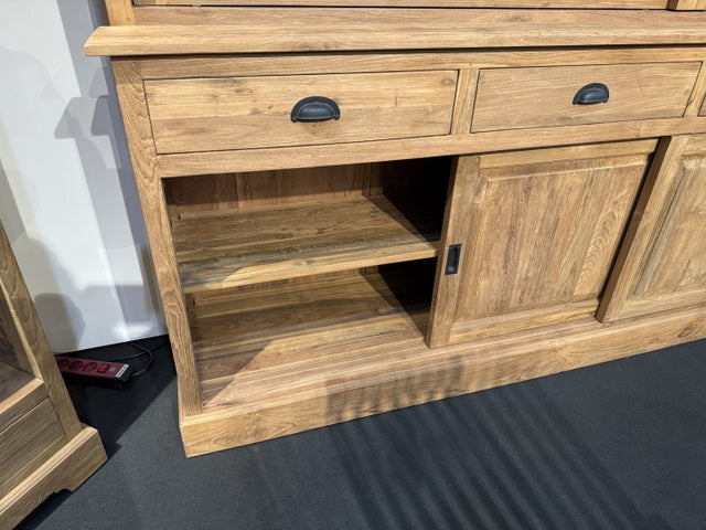 Vitrine mit Schiebetüren Holz Teak, Geschirrschrank mit Schubladen Massivholz Teak, Breite 248 cm
