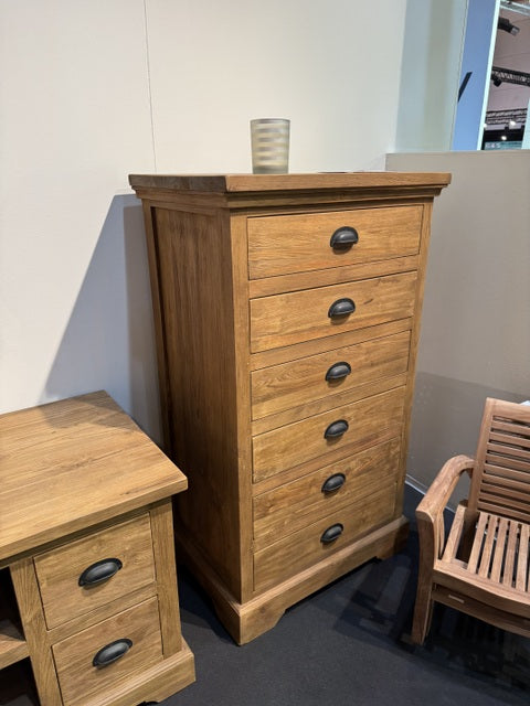 Kommode Holz Teak, Hochschrank mit Schubladen Massivholz Teak, Breite 68 cm