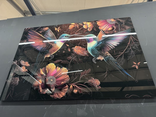 Bild bunte Vögel, Glas Bild bunt, Breite 160 cm