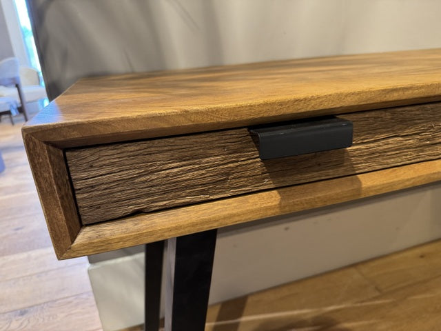 Schreibtisch Altholz braun, Tisch braun Metall, Breite 140 cm