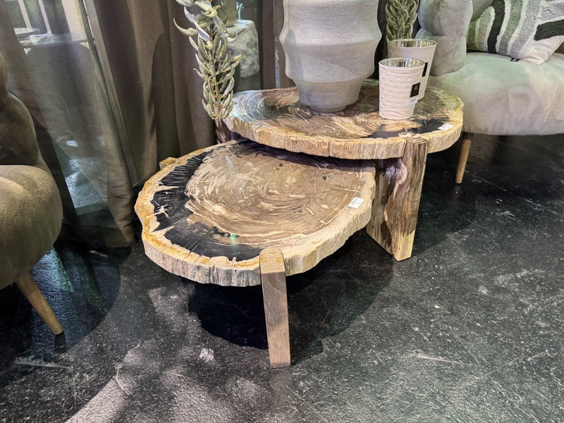 Couchtisch Holzstein, 2er Set Couchtisch beige Unikat, Durchmesser 75-85 cm