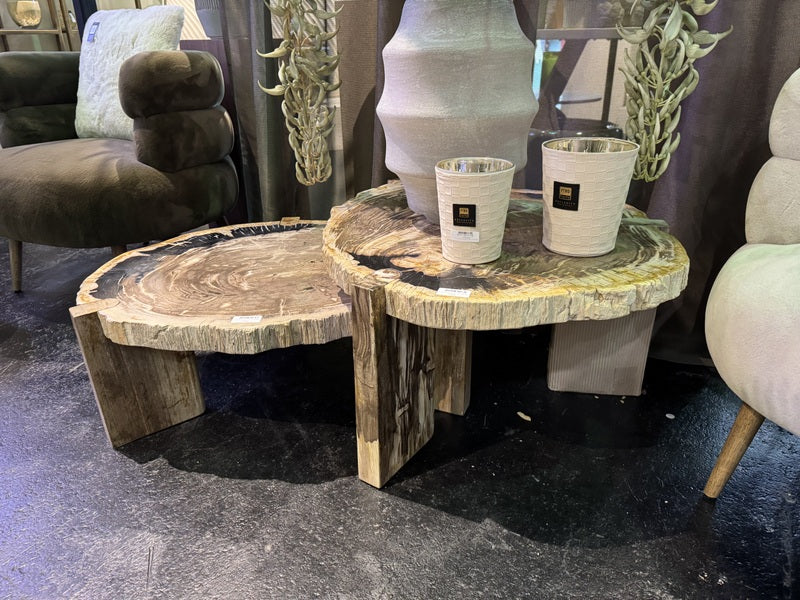 Couchtisch Holzstein, 2er Set Couchtisch beige Unikat, Durchmesser 75-85 cm