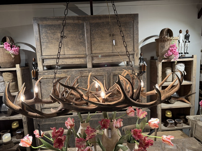 Kronleuchter Hirschgeweih, Kornleuchter rustikal 6 Flammig, Kronleuchter Landhaus, Breite 135 cm