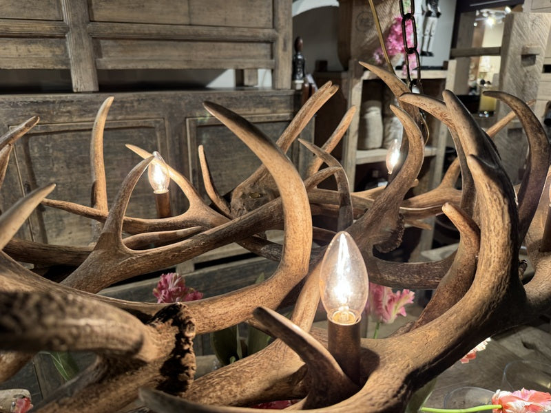 Kronleuchter Hirschgeweih, Kornleuchter rustikal 6 Flammig, Kronleuchter Landhaus, Breite 135 cm