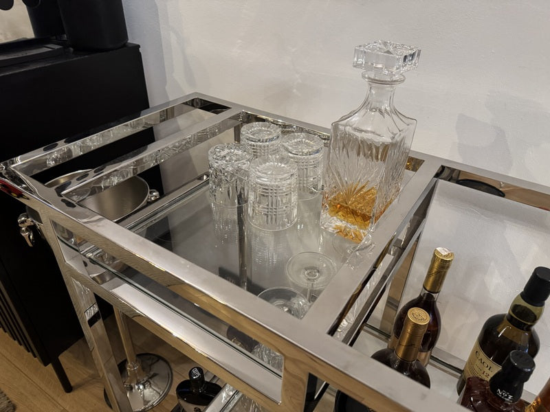 Servierwagen Silber Metall, Serviertisch Silber-Glas, Trolley Silber