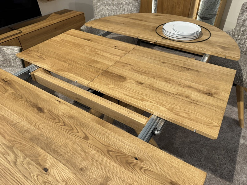 Esstisch rund ausziehbar Eiche massiv, runder Tisch ausziehbar Eiche, ausziehbarer Tisch rund Eiche, Länge 105-145 cm (Tischgestell Eiche massiv)