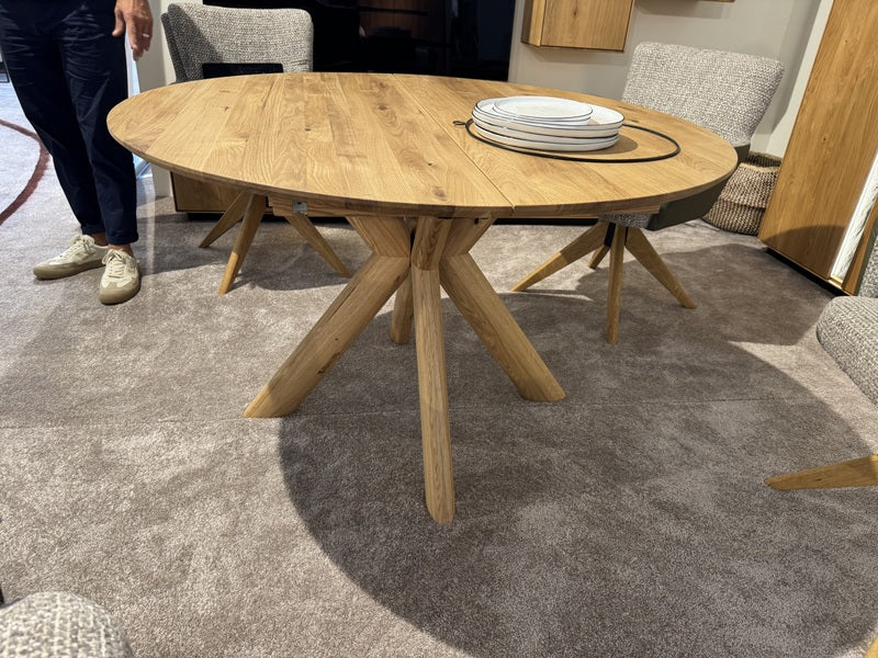 Esstisch rund ausziehbar Eiche massiv, runder Tisch ausziehbar Eiche, ausziehbarer Tisch rund Eiche, Länge 120-170 cm (Tischgestell Eiche massiv)