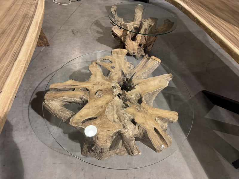 Couchtisch Wurzelholz, Tisch Massivholz und Glas, Durchmesser 100 cm
