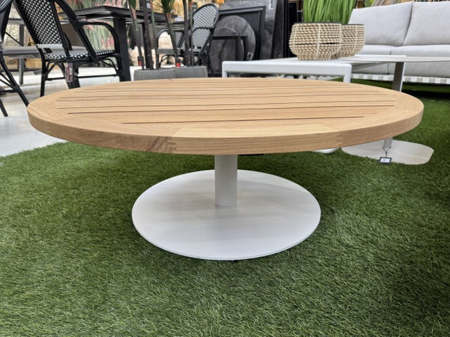 Garten-Couchtisch weiß-braun Teakholz, Couchtisch rund weiß Outdoor, Durchmesser 90 cm