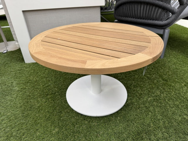 Garten-Couchtisch weiß-braun Teakholz, Couchtisch rund weiß Outdoor, Durchmesser 65 cm