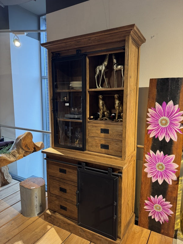 Vitrine Holz Teak, Geschirrschrank Teak, Breite 100 cm