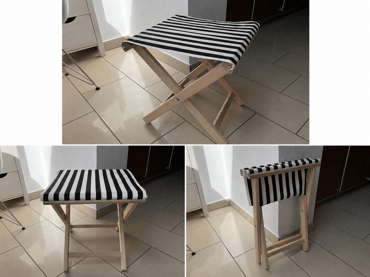 Hocker aufklappbar, Hocker aus Stoff und Holz, Farbe schwarz-weiß