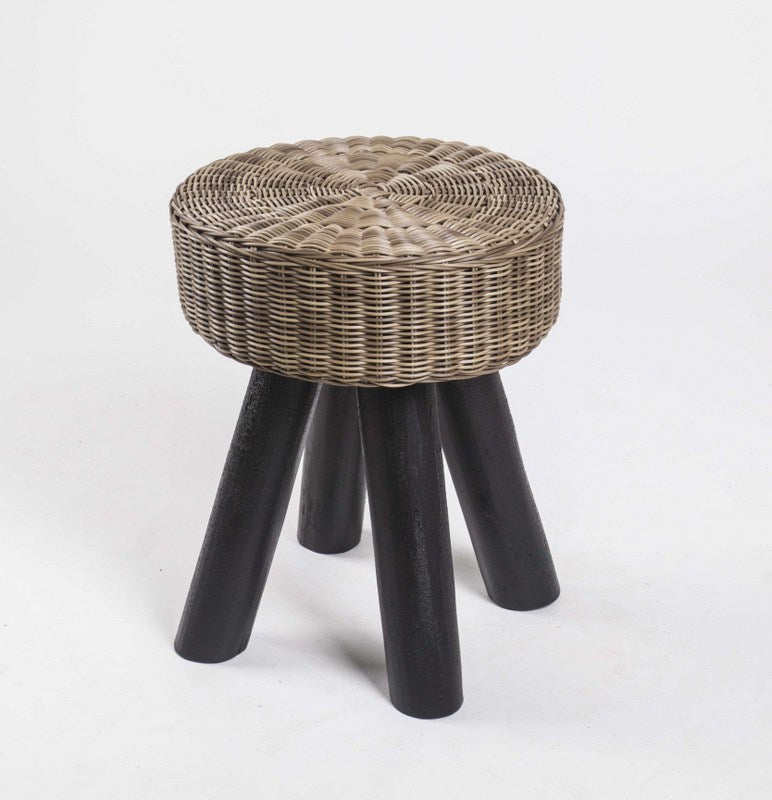 Hocker aus Massivholz und Kunststoff Rattan, Farbe Braun-Schwarz, Sitzhöhe 44 cm
