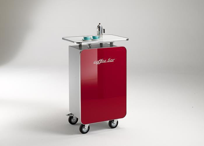 Office Bar auf Rollen, mobile Coffe Bar Hochglanz lackiert, Farbe Rot