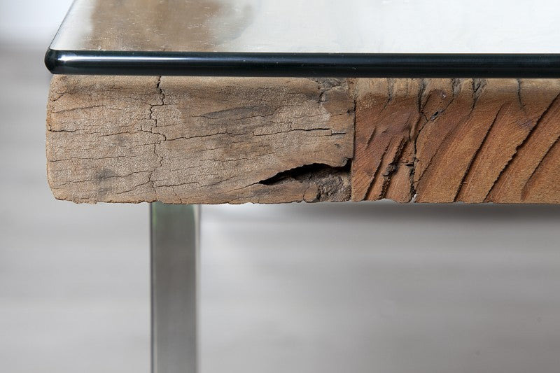 Couchtisch Glas-Metall-Holz, Couchtisch Altholz verchromt-Glas, Länge 110 cm