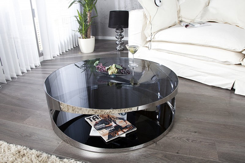 Couchtisch Metall verchromt mit Glas, Beistelltisch mit Glasplatte, Durchmesser 90 cm