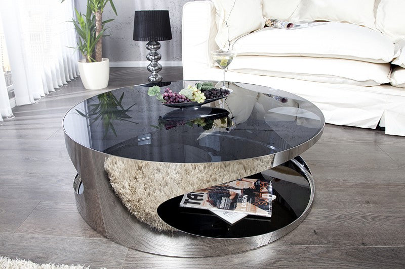 Couchtisch Metall verchromt mit Glas, Beistelltisch mit Glasplatte, Durchmesser 90 cm