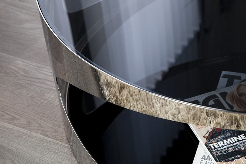 Couchtisch Metall verchromt mit Glas, Beistelltisch mit Glasplatte, Durchmesser 90 cm