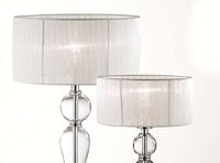 Tischleuchte Metall chrom Glas transparent Organza weiß