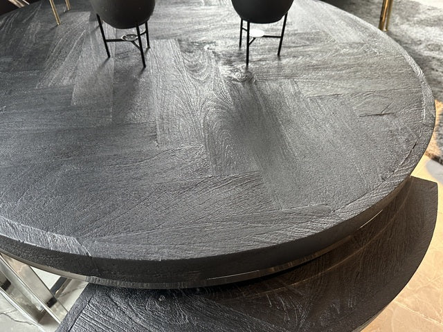 Couchtisch schwarz, runder Couchtisch Gestell Silber, Set Couchtisch rund schwarz, Durchmesser 100 cm