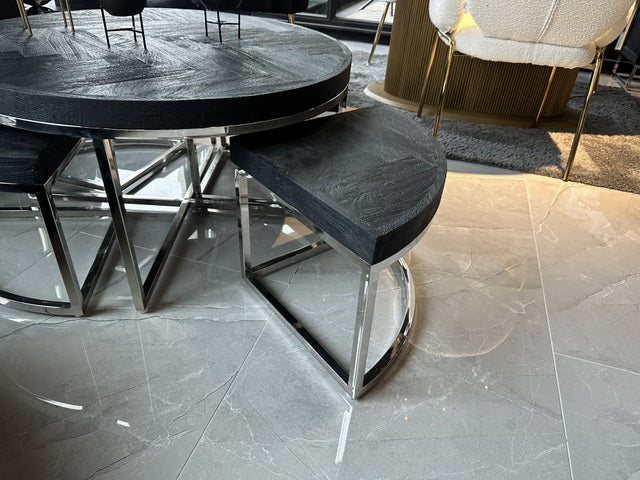 Couchtisch schwarz, runder Couchtisch Gestell Silber, Set Couchtisch rund schwarz, Durchmesser 100 cm