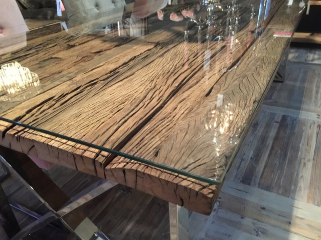 Esstisch Tischplatte aus Altholz mit Glasplatte, Tisch Massivholz im Landhausstil, Länge 180 cm